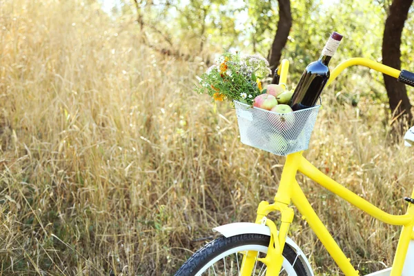 Bicicleta com flores e garrafa de vinho — Fotografia de Stock