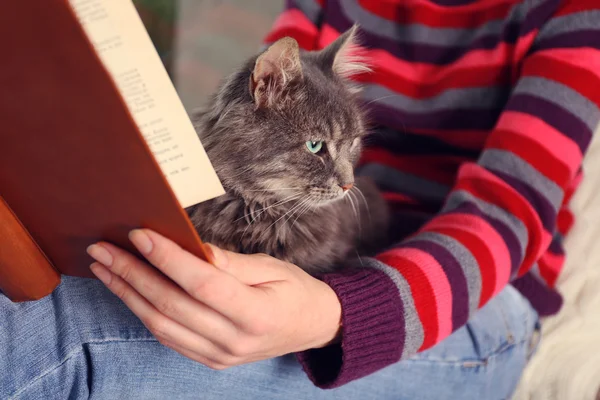 Lesende Frau sitzt auf Fensterschwein mit Katze auf Knien — Stockfoto