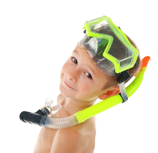 Happy boy with yellow diving mask — Stock Photo, Image