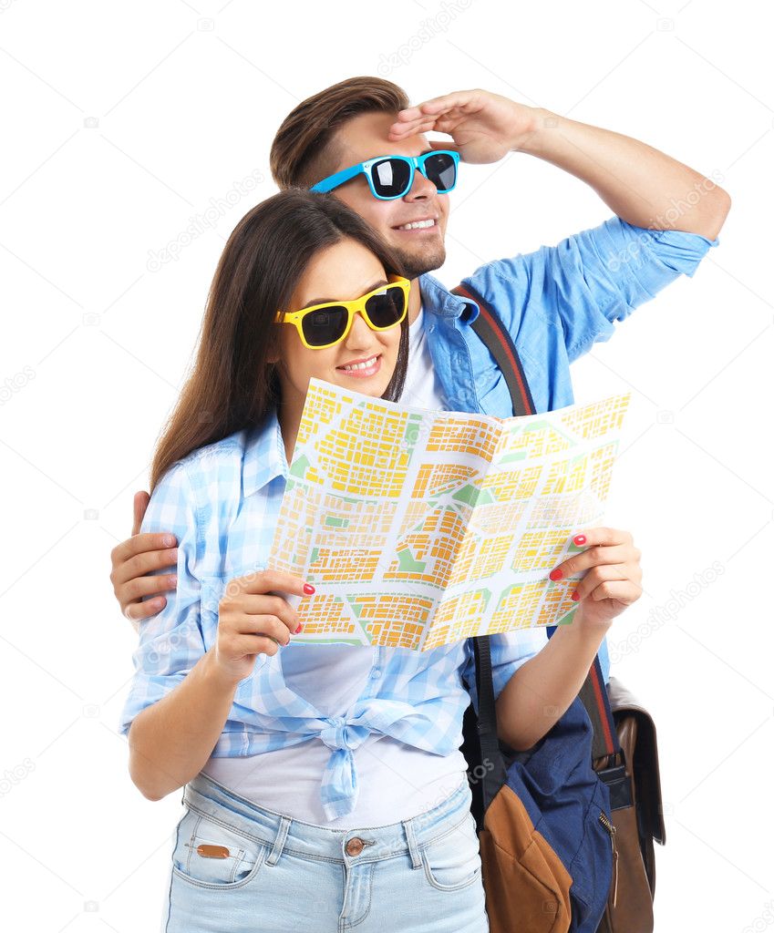 pair of happy tourists