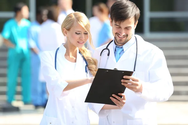 Medical Concept Two Doctors Stethoscopes Prescription Clipboard — Stock Photo, Image