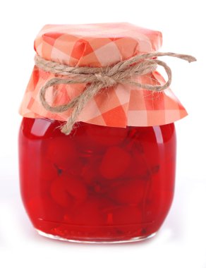 Maraschino kirazı kavanoza, üzerinde beyaz izole