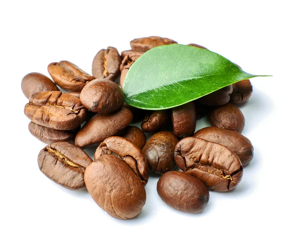 Coffee beans with leaf isolated on white — Stock Photo, Image