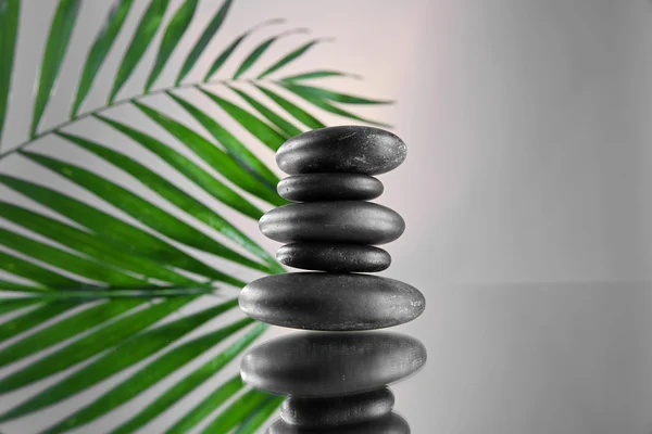 Spa taşlar ve gri arka plan üzerinde yeşil palmiye dalı — Stok fotoğraf