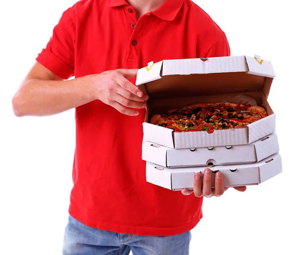 Bezorger met kartonnen pizzadozen geïsoleerd op wit — Stockfoto