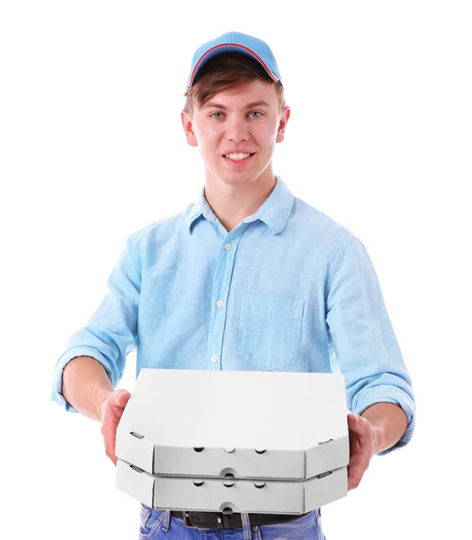 Rapaz de entrega com caixas de pizza — Fotografia de Stock