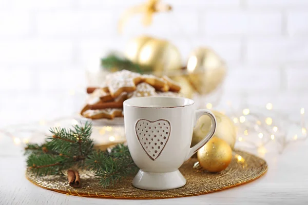 Beautiful composition with cup of cappuccino and Christmas cookies — Stock Photo, Image