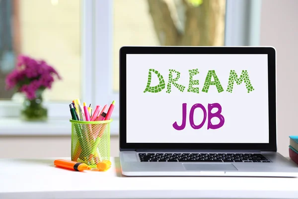 Dream job concept. Desktop with notebook on window background — Stock Photo, Image