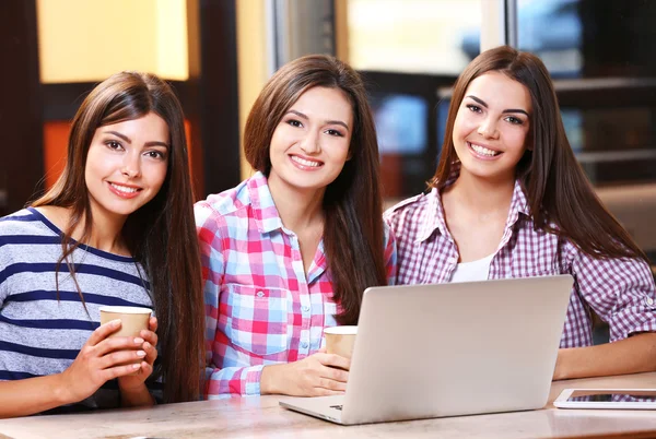 Melhores amigos com laptop juntos sentados no café — Fotografia de Stock