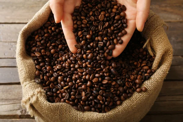 Hands in sac with roasted coffee beans on wooden table — Stock Photo, Image