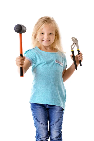 Little girl with tools on white — Stock Photo, Image