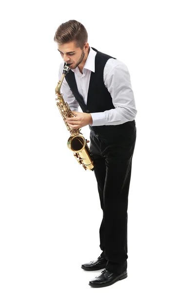 Happy saxophoniste joue de la musique sur le saxophone — Photo