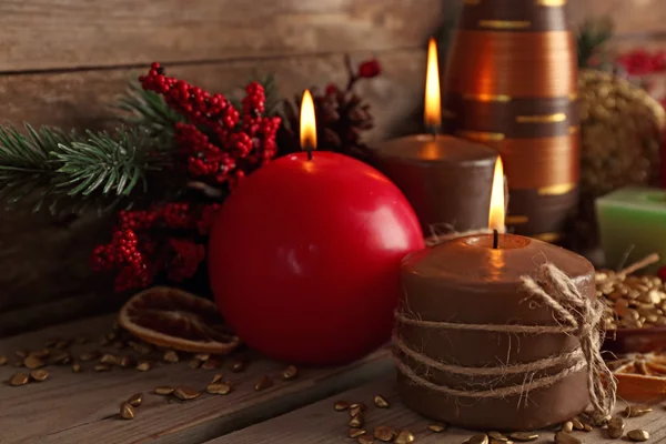 Christmas decorations on wooden table, close-up — Stock Photo, Image