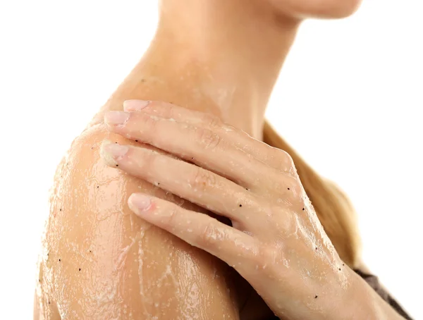 Woman using body scrub — Stock Photo, Image