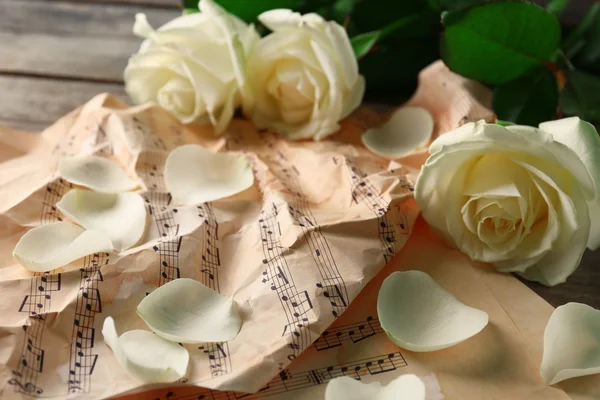 Beautiful rose on music sheets background — Stock Photo, Image