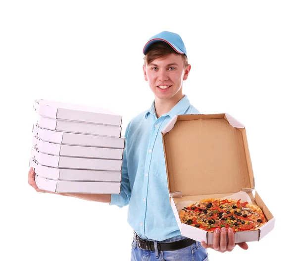 Delivery boy with pizza boxes Royalty Free Stock Photos