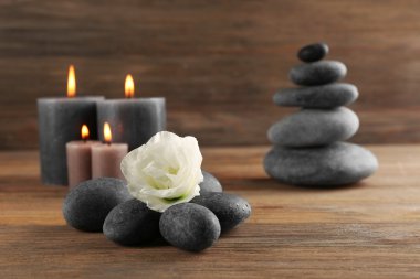 Işıl ışıl wax gri mum ile taş ve ahşap arka plan üzerinde güzel çiçek