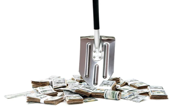 Shovel lifts dollar bills on white — Stock Photo, Image