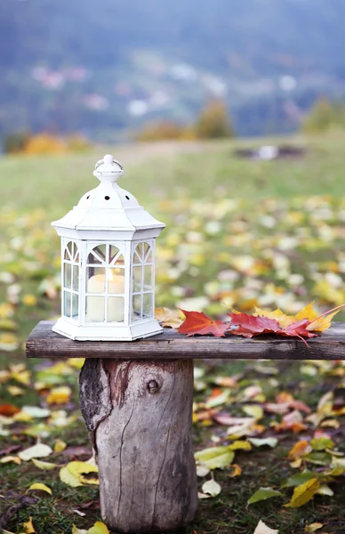 Old wooden bench with decorative lantern — Stock Photo, Image