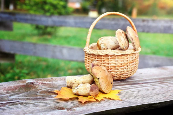 Basket of mushrooms on table — Stock Photo, Image