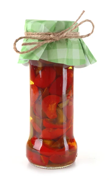 Canned red peppers in glass jar isolated on  white — Stock Photo, Image