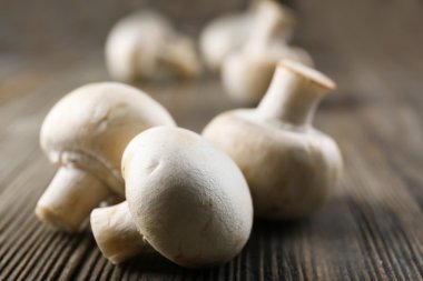 Gri ahşap zemin üzerine champignon mantar