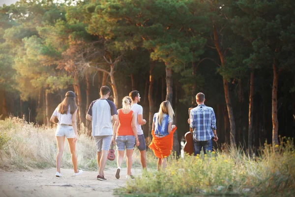 Cheerful Friends Walking Footpath Forest — Stock Photo, Image