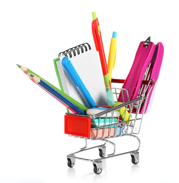 Bright stationery objects in mini supermarket cart isolated on white background — Stock Photo, Image