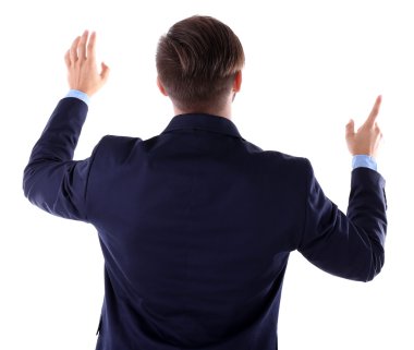 Lacivert takım elbise işaret eden adam