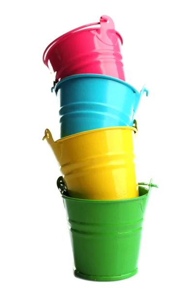 Four buckets of different colours, isolated on white — Stock Photo, Image