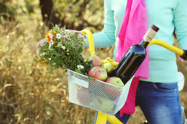 Vrouw rijden fiets met mandje — Stockfoto