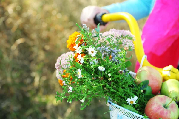 Junge Frau fährt Fahrrad mit Korb — Stockfoto