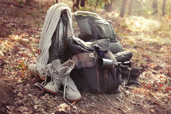 Attrezzature turistiche nella foresta — Foto Stock