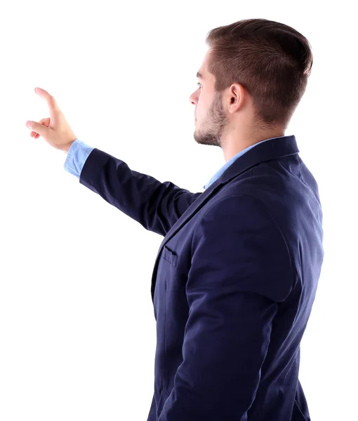 Man in navy blue suit pointing — Stock Photo, Image