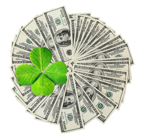 Clover leaf and dollars on white surface — Stock Photo, Image