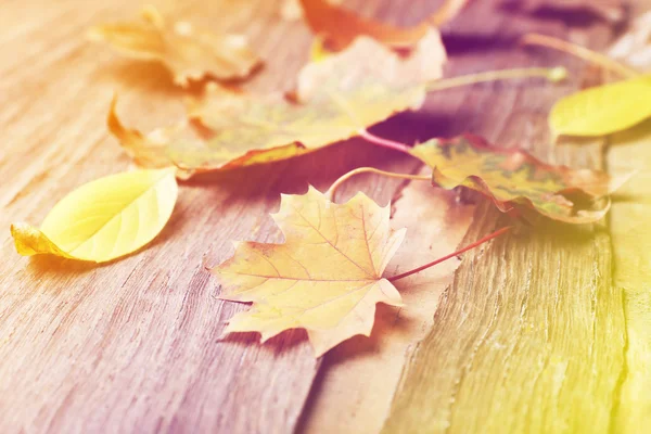 Осіннє листя на дерев'яному фоні — стокове фото