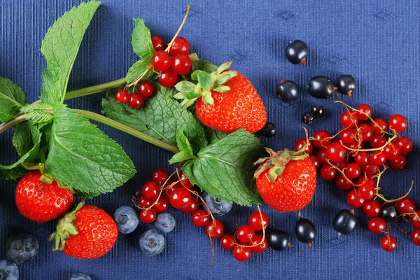 Group of fresh summer berries with mint on blue tablecloth, closeup — Stock Photo, Image