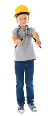 çocuk yapı cihazları ile sarı kask içinde