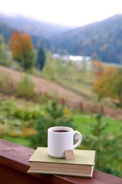Çay ve balkon çit, dağlar arka plan üzerinde kitap