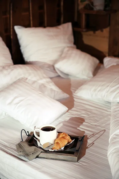 Wooden tray with light breakfast — Stock Photo, Image