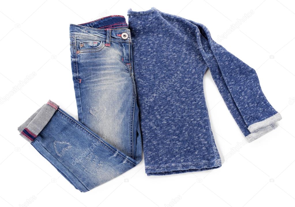 Blue jeans with pullover isolated on white background
