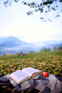 Açık kitap Dağları'nda eski ahşap Bank