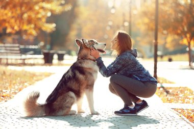 Mutlu genç kadın ile onun köpek parkta yürüyüş