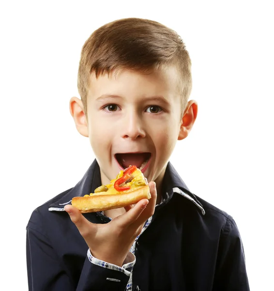 Küçük çocuk üzerinde beyaz izole pizza yemek — Stok fotoğraf