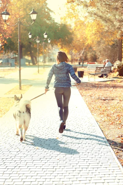 Szczęśliwa młoda kobieta jogging z psem w parku — Zdjęcie stockowe