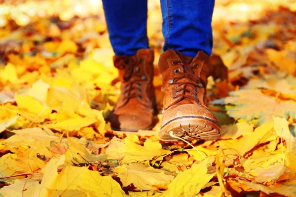 Pernas femininas em botas em folhas de outono — Fotografia de Stock