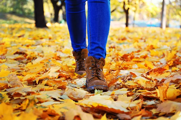 Frauenbeine in Stiefeln auf Herbstblättern — Stockfoto