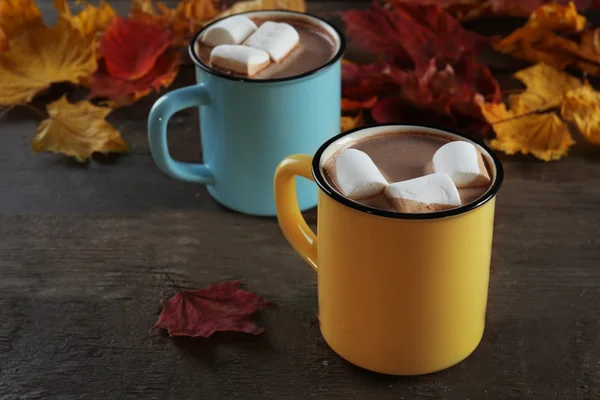 Gustosi cacao e marshmallow in metallo tazze vecchio stile sul tavolo — Foto Stock