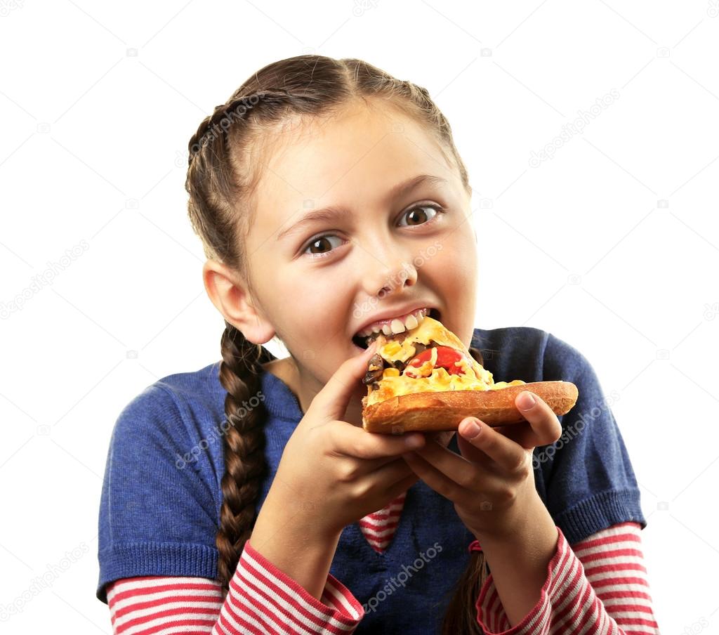 Little girl eating pizza isolated on white