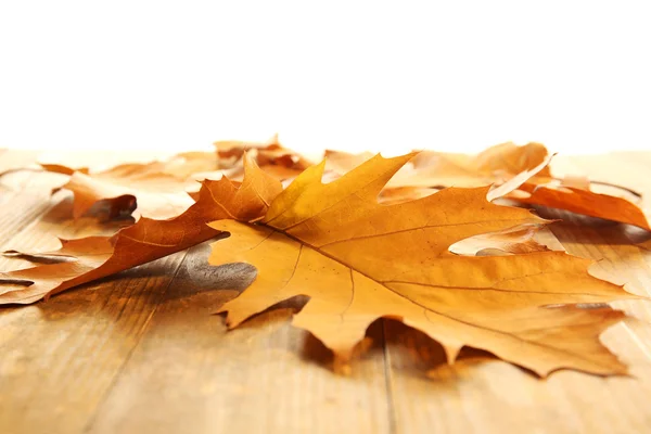 Жовте осіннє листя на дерев'яному столі, ізольоване на білому — стокове фото